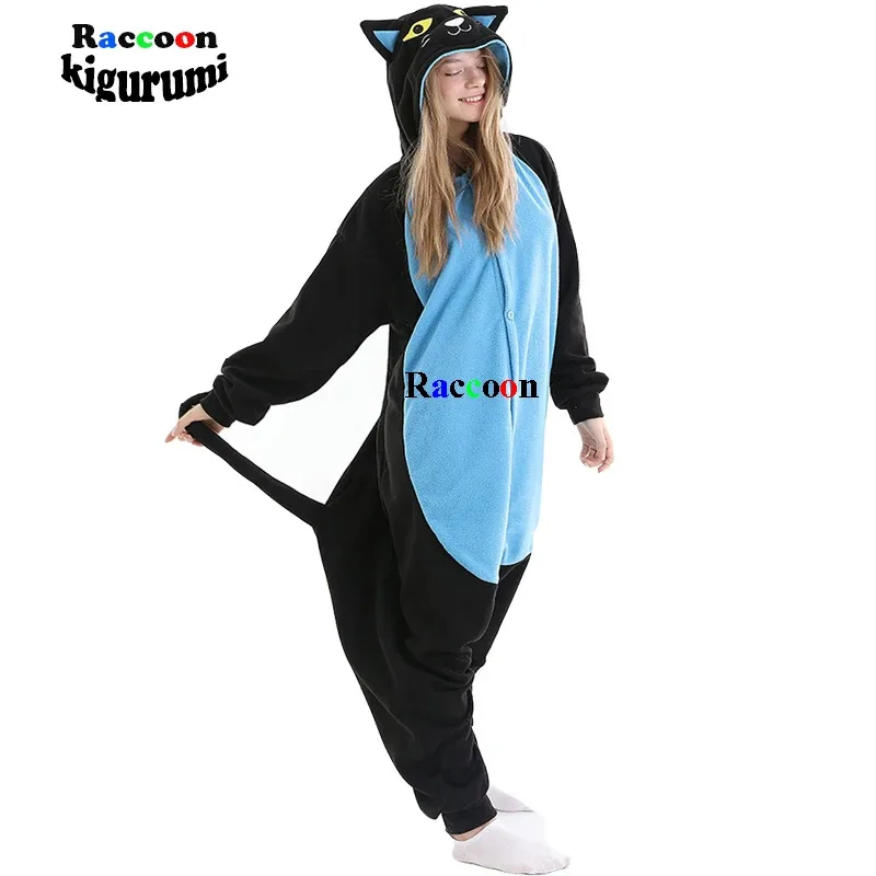 New Midnight Cat Pajamas Adult Onesie Cosplay Costume Cartoon Animal One-Piece Pyjamas Men Family Party Home Raccoon Kigurumi
