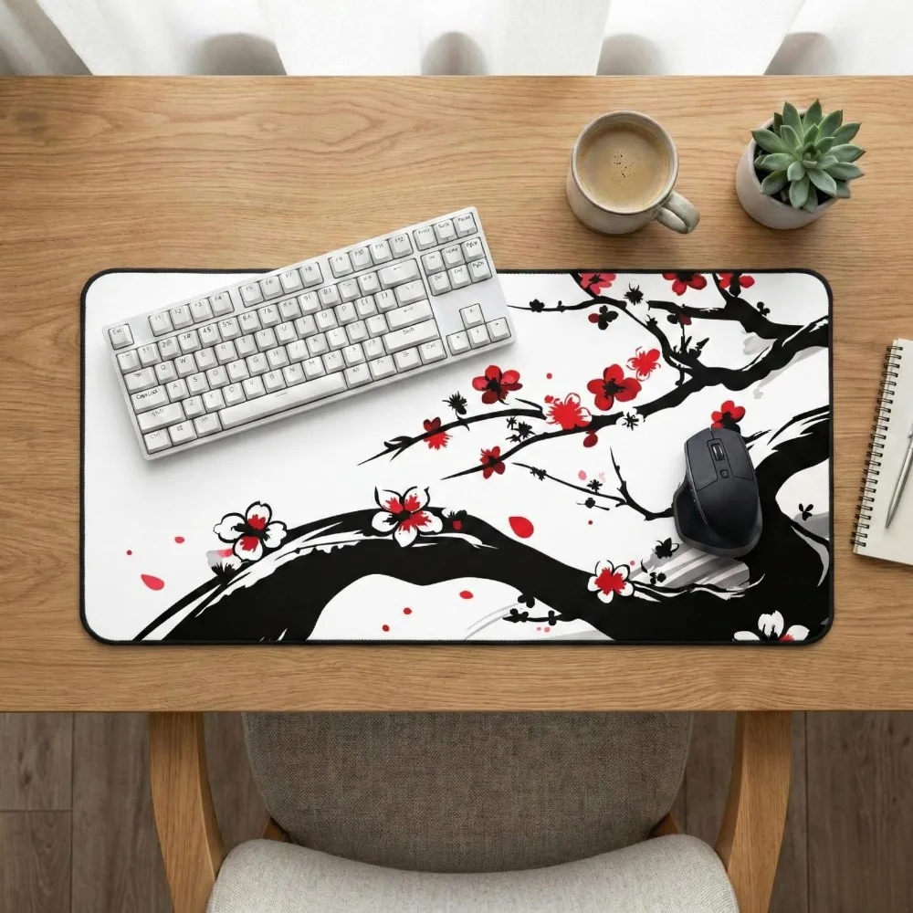 Japanese Ink Style Cherry Blossom Mouse Pad Gaming Desk Mat Non-Slip Rubber Base Waterproof Keyboard Mat for HomeOffice PC Gamer