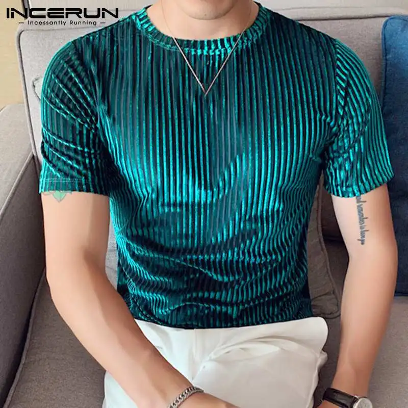 Men Casual T Shirt Velour Round Neck Short Sleeve Solid Color Streetwear Men Clothing 2023 Pleated Fashion Camisetas 3XL INCERUN