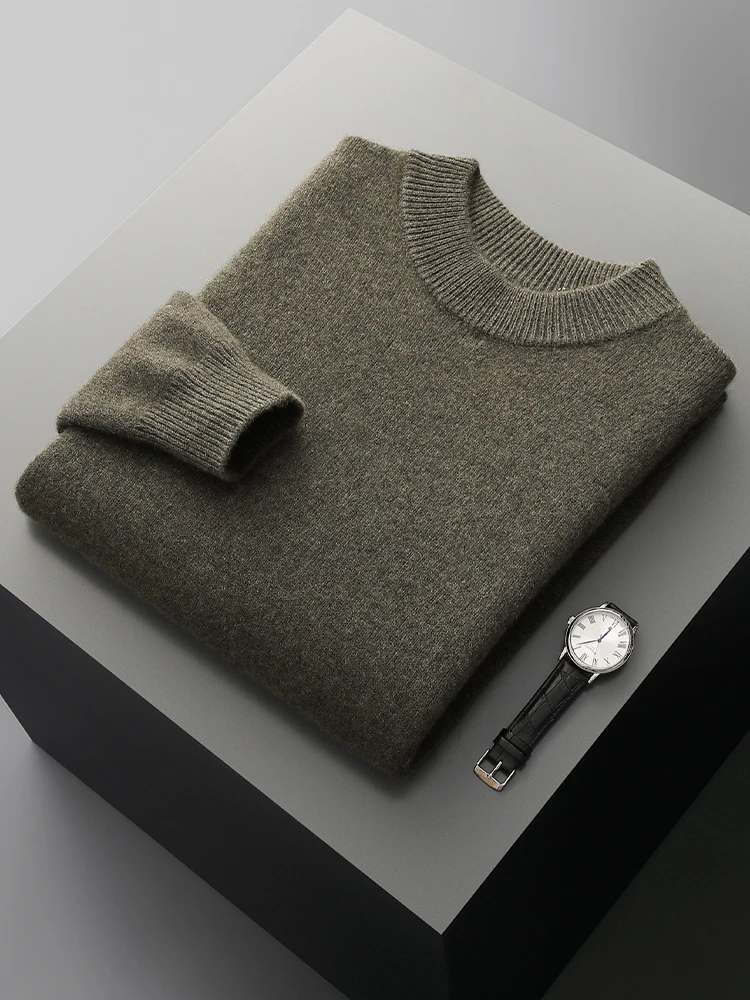 Autumn Winter Men's 100% Merino Wool Knitted Mock Neck Sweater Pullover Simplicity Solid Cashmere Casual Thick Male Clothing Top