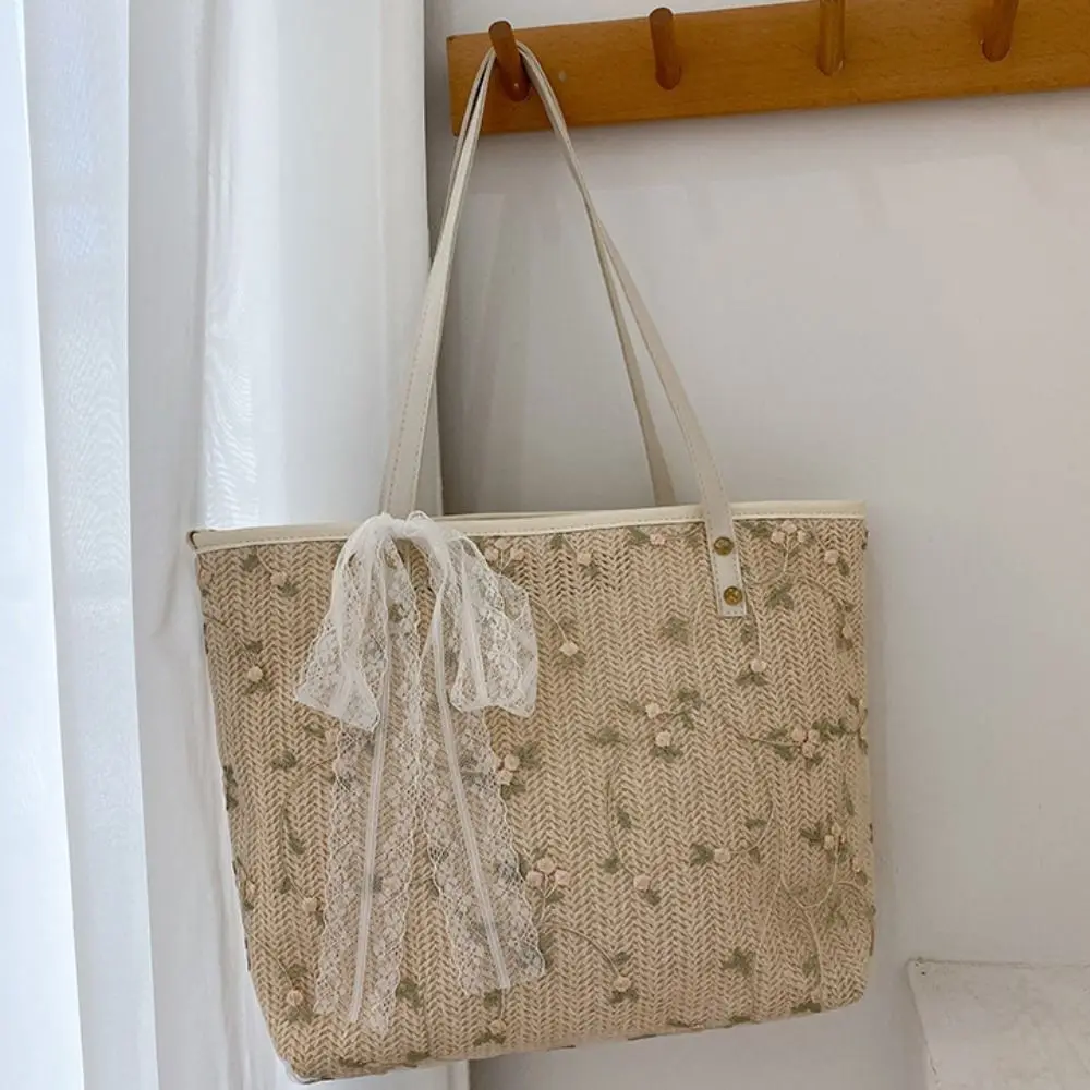 

Fashion Large Capacity Straw Woven Shoulder Bag Handmade Portable Shopping Bag Lace Handbag Multi-purpose