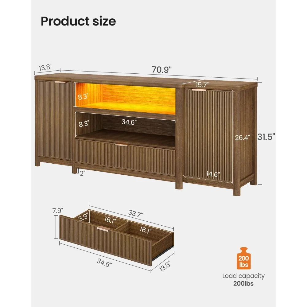 حامل تلفزيون مخدد لغرفة المعيشة، خزانة وحدة تحكم تلفزيون شديدة التحمل مقاس 71 بوصة مع مساحة تخزين ورف، تلفزيون حديث لمنتصف القرن