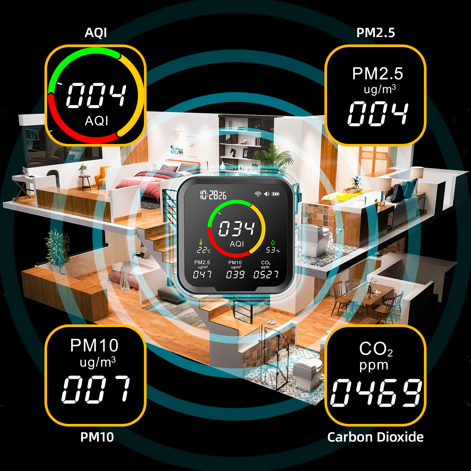 PROTMEX Tuya Wifi 6 w 1 Detektor CO2 Monitor jakości powietrza Miernik dwutlenku węgla Cyfrowy tester temperatury i wilgotności Zegar PTH 9AW