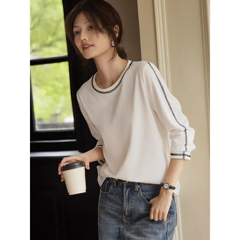 Boweylun Autumn New Casual Round Neck Long Sleeve T-shirt Women Comfortable Skin-friendly Tops Girls