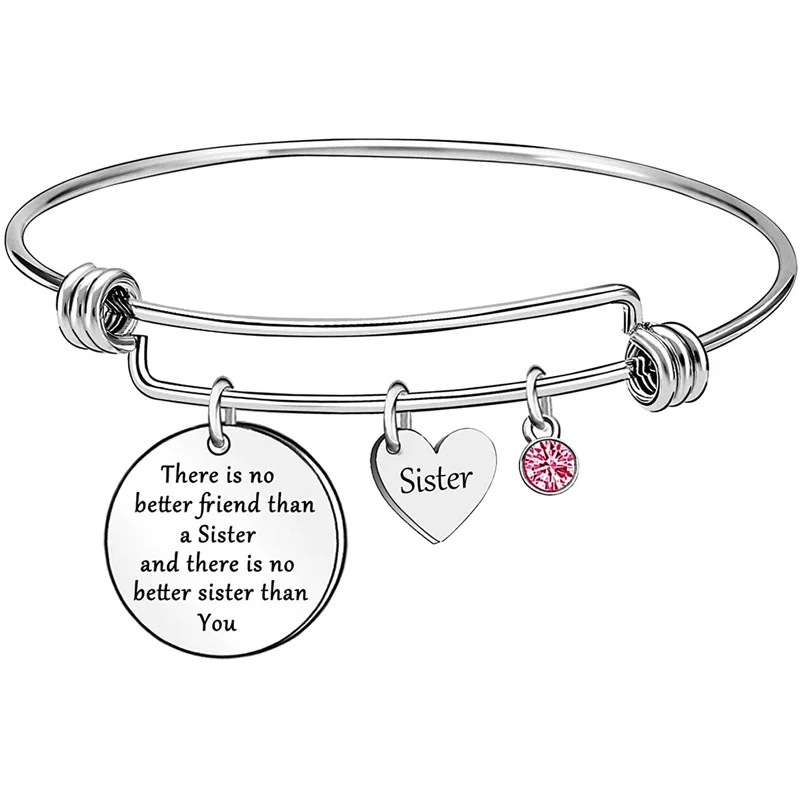 Pulsera con dije de hermana y corazón de cristal rosa, brazalete ajustable de alambre de acero inoxidable, joyería de amistad
