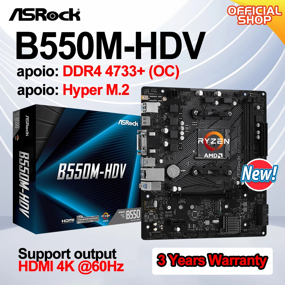 新しいasrockマザーボードB550M-HDV,micro- atx 64g b550,amae am4のサポート,amd,ryzen processor pc,ddr4 4733 (occie),pcie 4.0