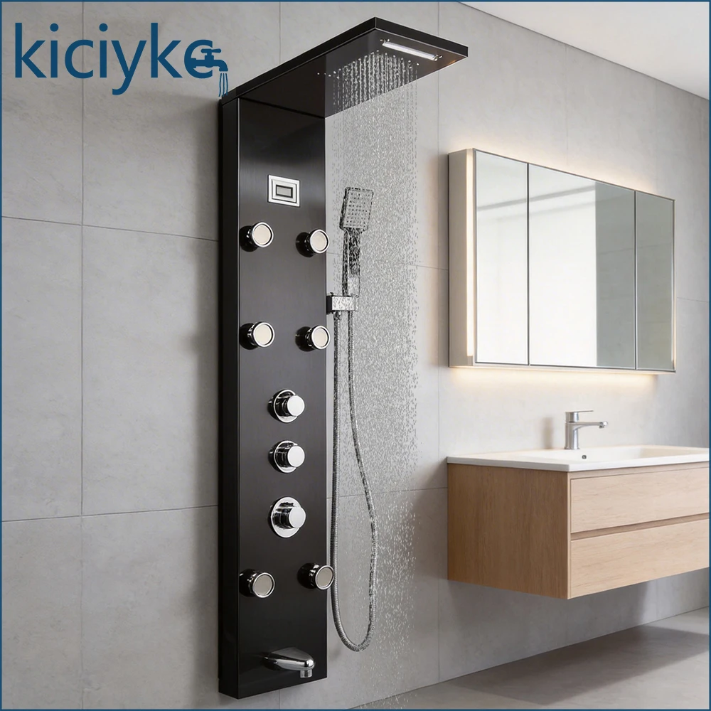 Black Shower Panel Tower System Stainless Steel with Rainfall Shower Head Massage Jets Handheld Sprayer Column Tap