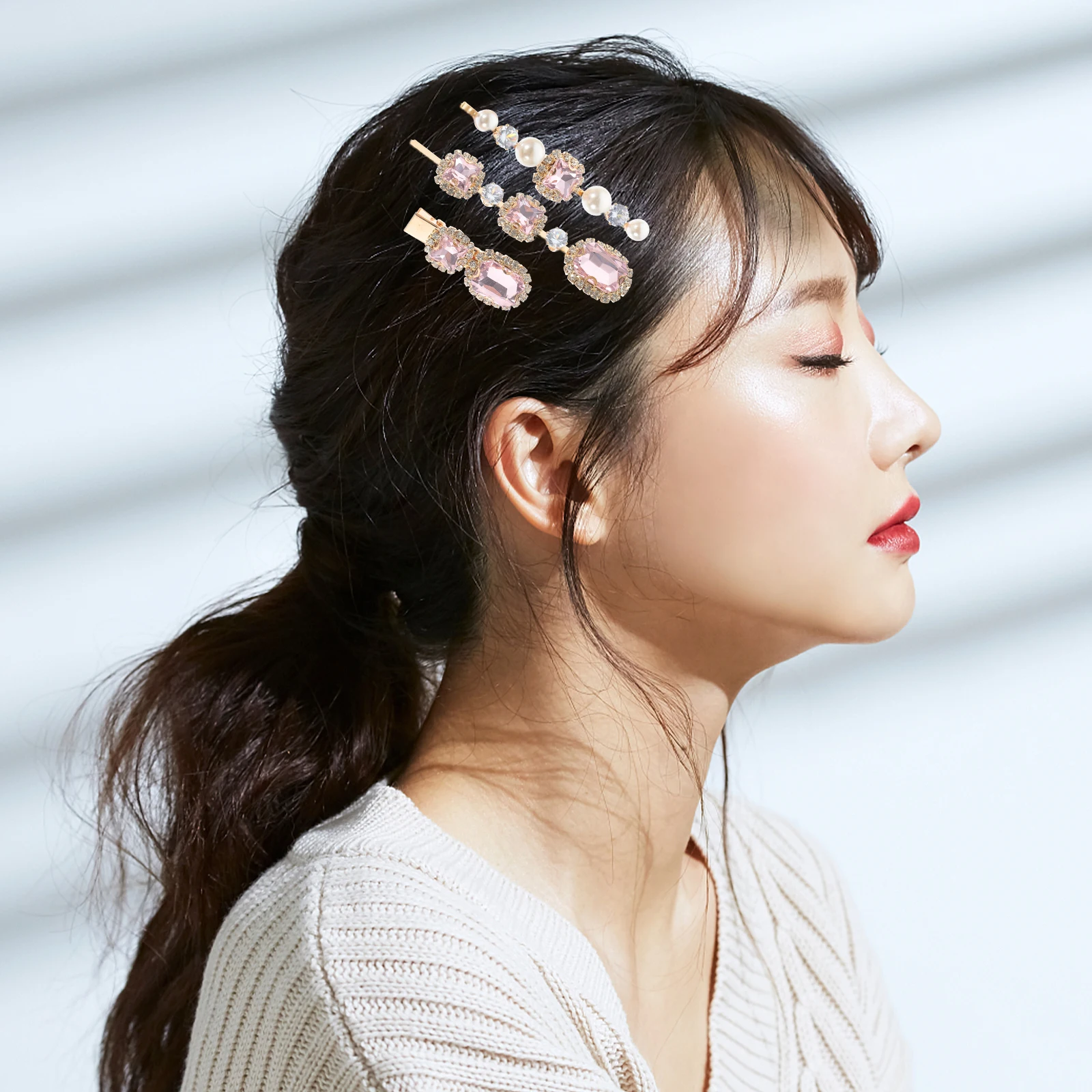 

5 Pcs Rhinestone Hair Clips for Girls Women Long Hair Accessories Pink Sparkling Barrettes One Word Edge Clasp