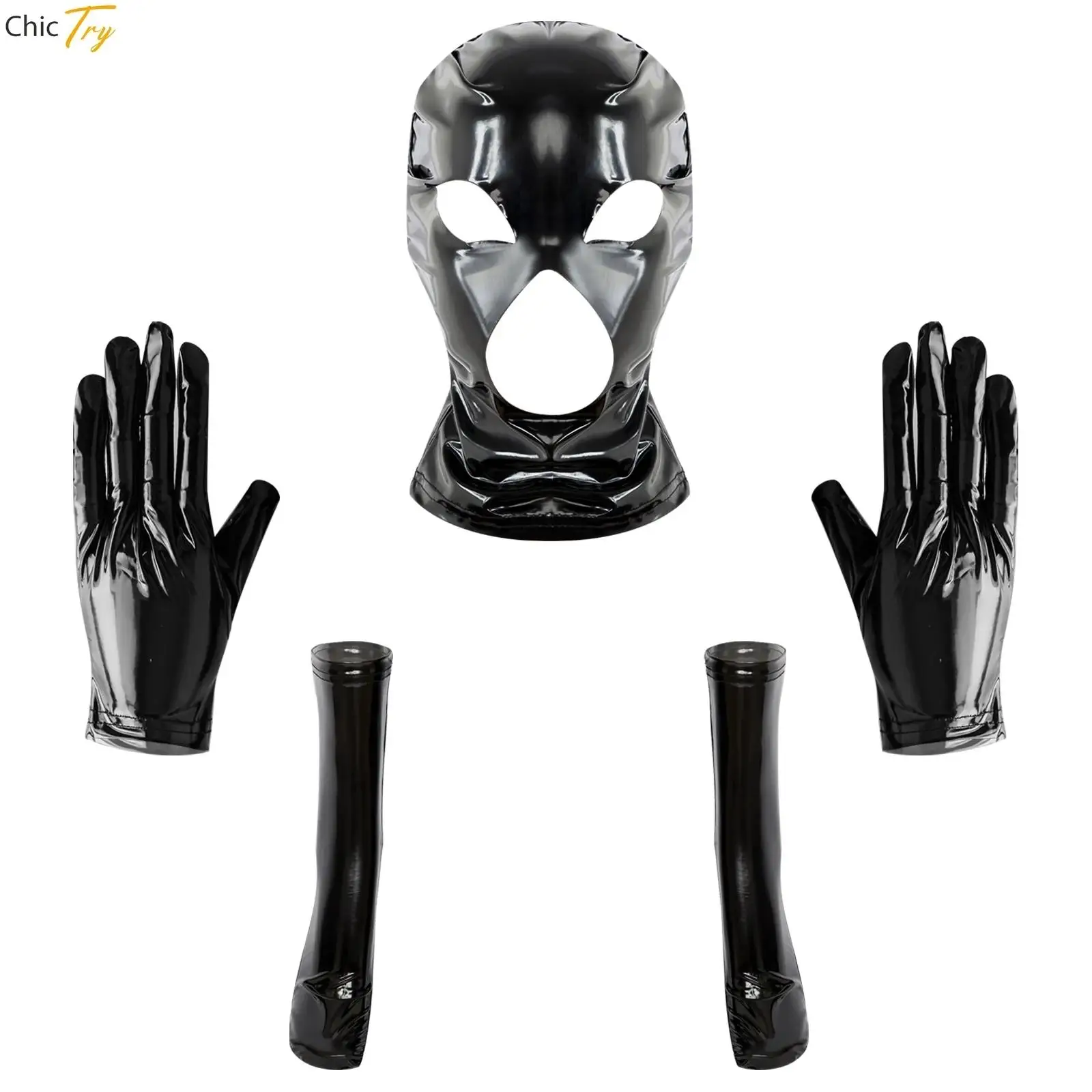 Accesorios de disfraces para hombres y mujeres, máscara de látex con capucha, guantes de cuero, calcetines nd, conjunto de 3 piezas para fiesta y baile, Cosplay para club nocturno