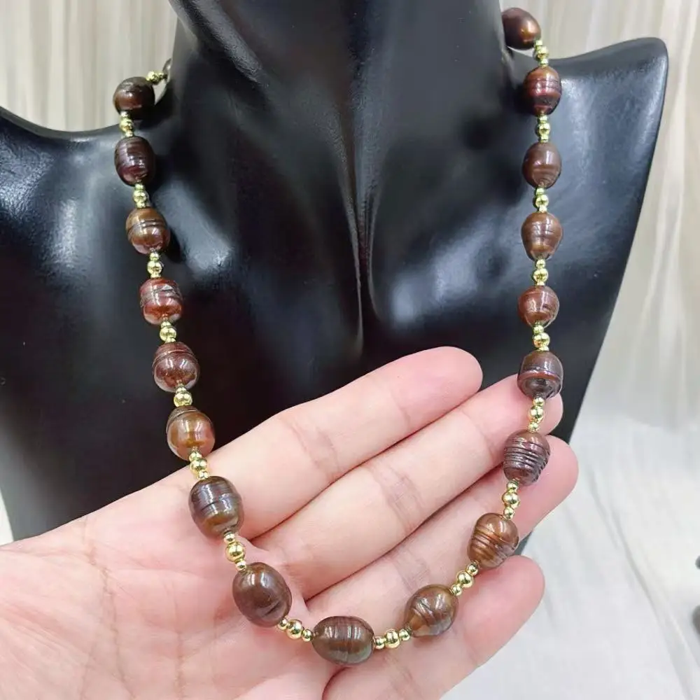 New Style Vintage Punk Brown Rice Natural Freshwater Pearl Wedding Jewelry Necklace 18inch