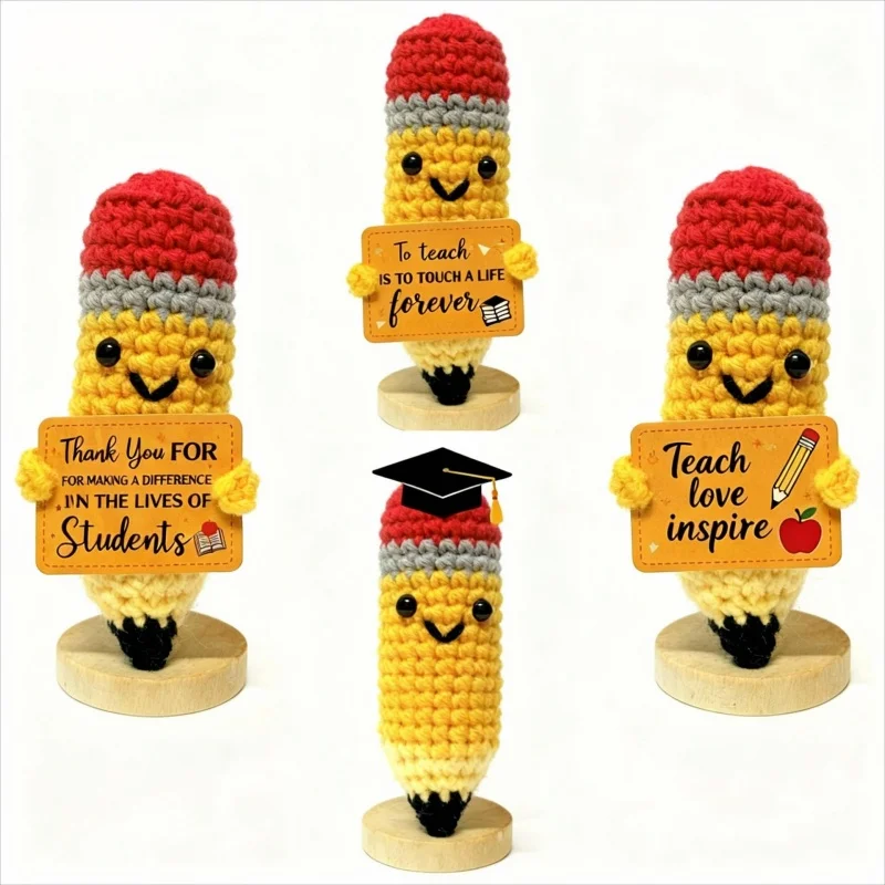 

New Positive Energy Crochet Pencil Doll - Handmade Emotional Support with Card Desktop Ornament Knitted Gift