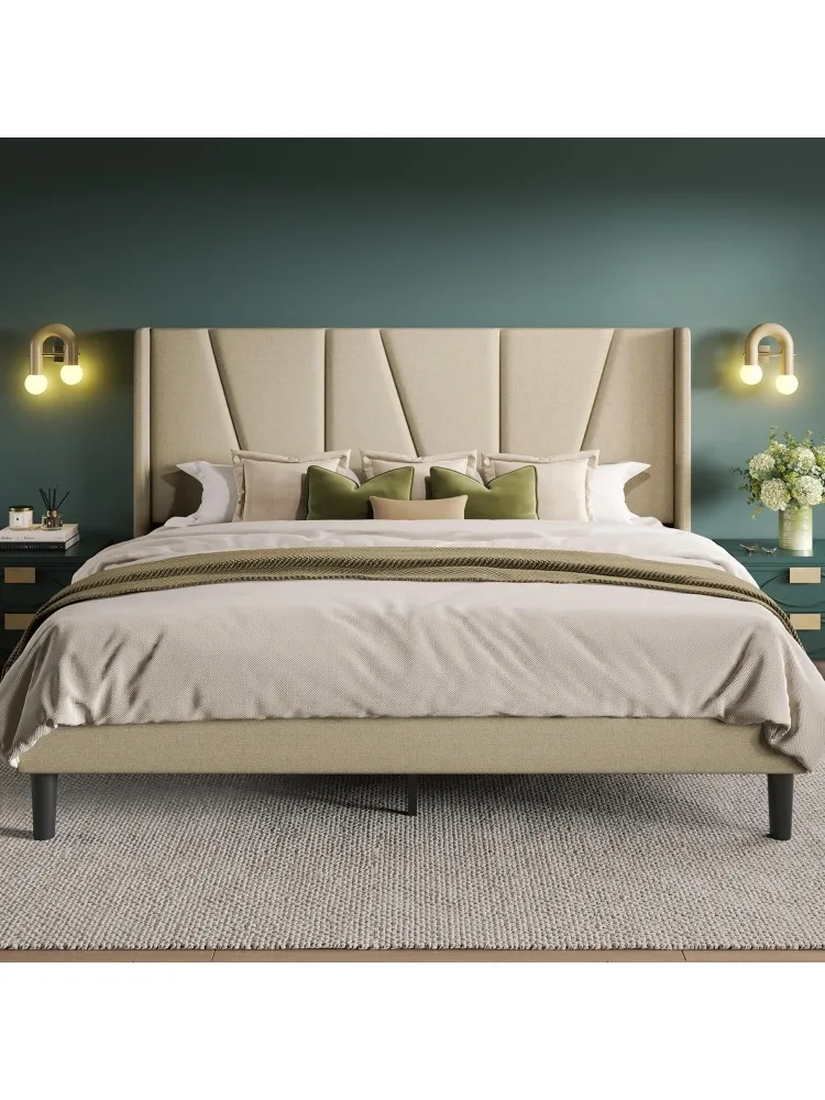 Queen Size Platform Bed Frame with Geometric Wingback Headboard, Modern Upholstered Bed with Wooden Slats Support