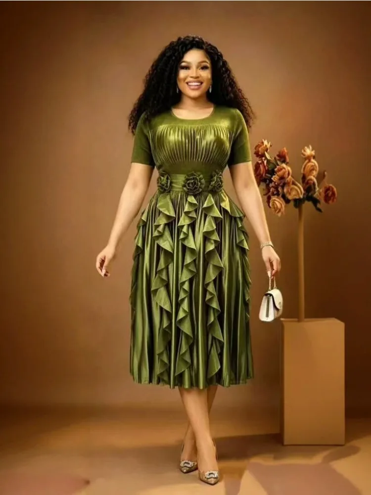 

2026 Miyake Pleated Dress High-end Solid Color Round Neck Foreign Gas Disc Flower Heavy Industry Pleated Women's Dress