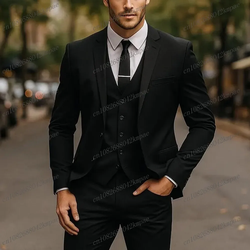 

New Formal Business Black Men Suit Groom Groomsman Wedding Party Prom Tuxedos Male Costume 3 Piece Set Jacket Vest Pants