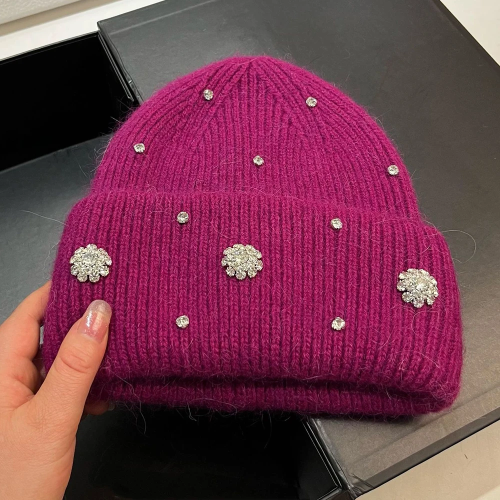 Hat Rhinestone Women Winter Beanie Angora Knit Solid Color Autum Warm Accessory For Cold Weather Outdoor Skiing Sports Holiday