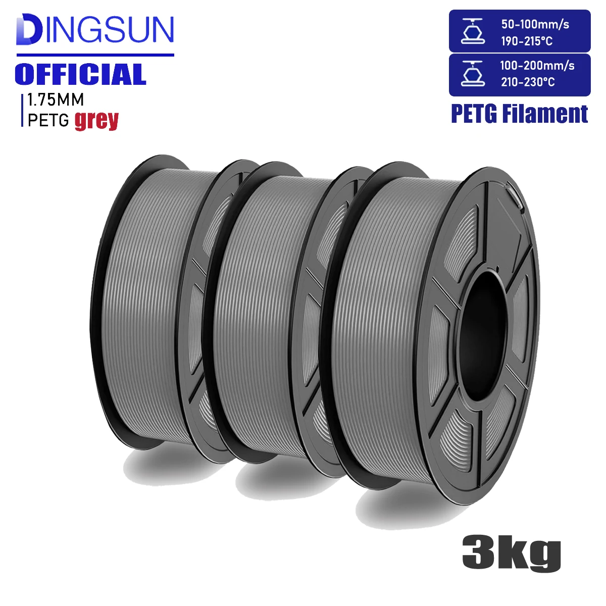 

DINGSUN PETG 3D printing filament, 1kg, 3 rolls, 1.75mm +/- 0.02mm, neatly wound, vacuum-packed, available in multiple colors.