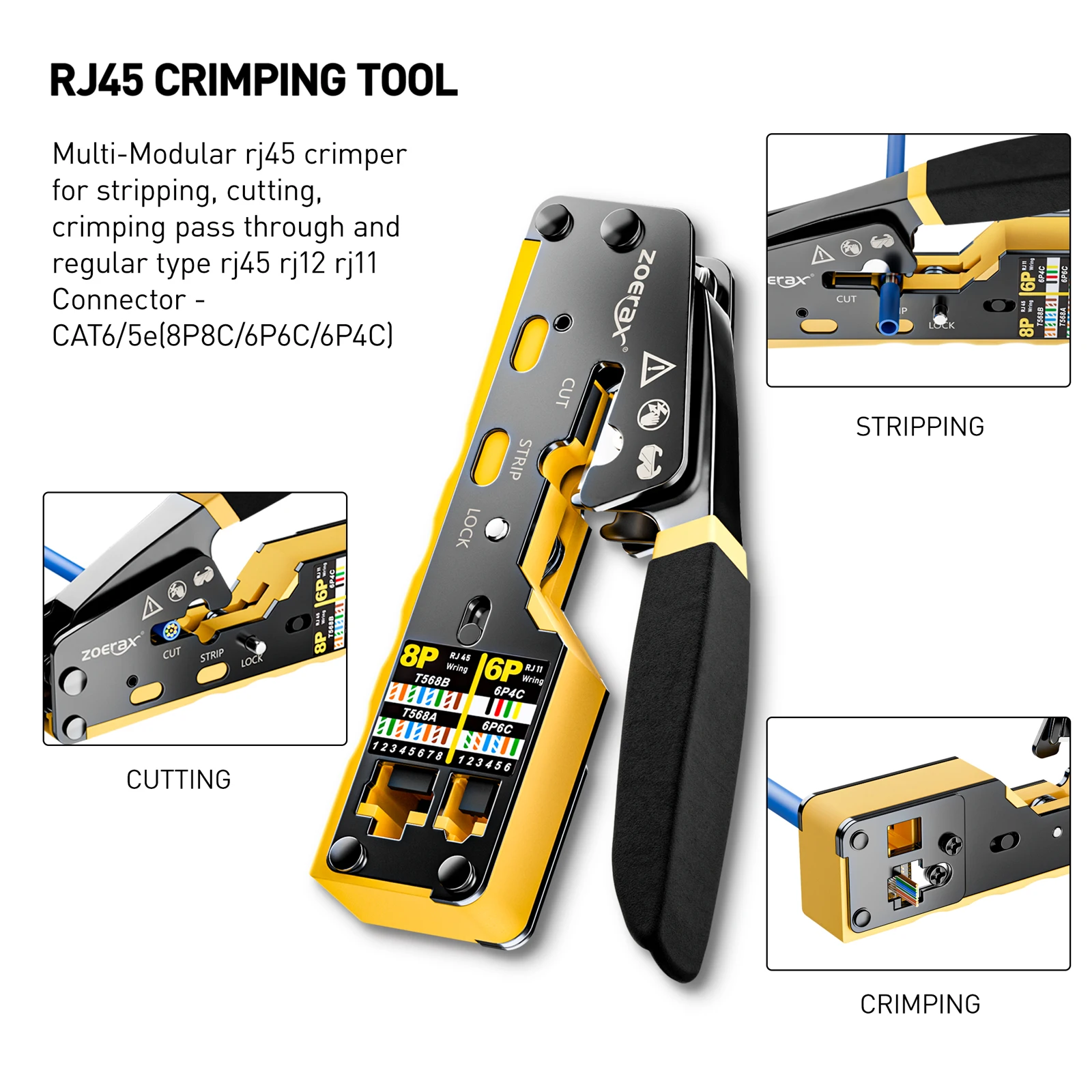 ZoeRax 8 in 1 RJ45 Crimp Tool Kit,Crimper tool,Cable Tester,Wire Cutter,Blades,50Pcs Cat 6 Connectors and Strain Relief Boots