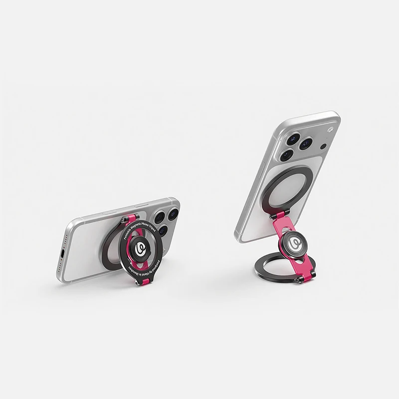 Ulanzi MA36 磁石式スマートフォンスタンド＆フィジェットスピナー。フィットネス機器や屋外の手すりに取り付け可能な、デュアル磁石リング付きの小型スタンド。