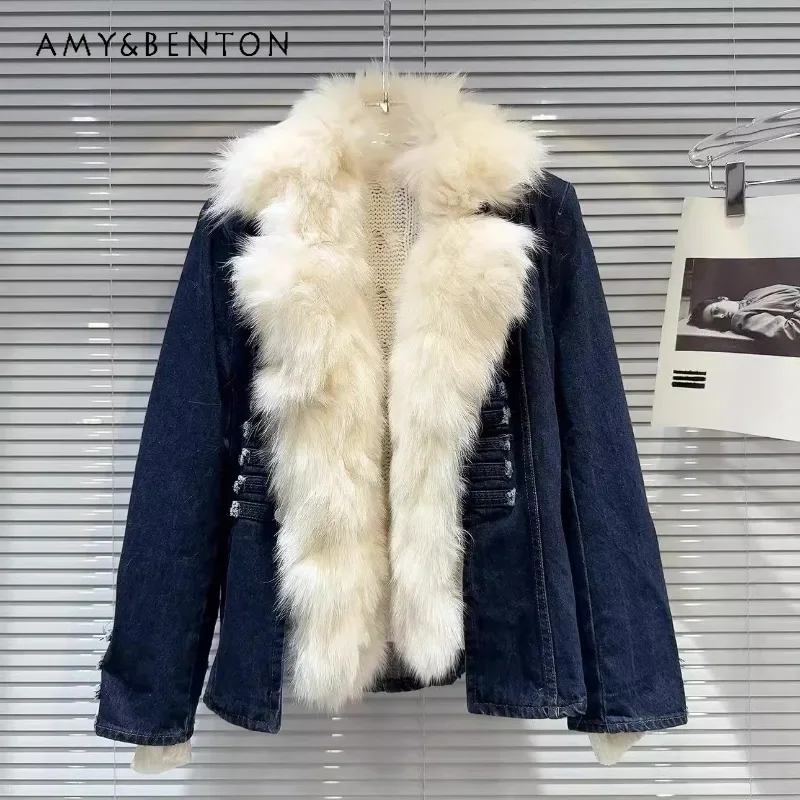 2024 Winter Big Fox Faux Fur Collar Knitted Warm Inner Rib Buckle Denim Jacket Top Women's Long Sleeves Jeans Jaquetas Femininas