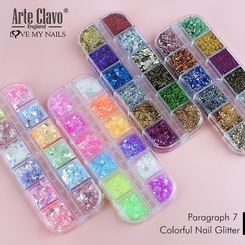 

Arte Clavo 12 сеток/коробка, блестящие блестки для ногтей, блестящие разноцветные кончики, ослепительные блестки, украшения для дизайна ногтей, все для основных работ