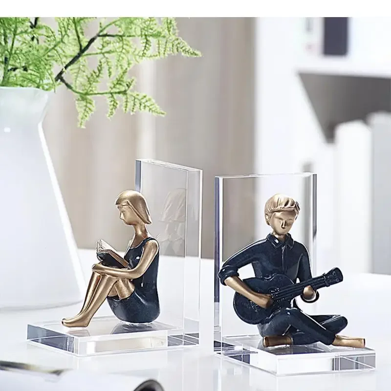 Resin Transparent Acrylic Reading Rack Book Baffle Guitar Boy Girl Back To Figure Statue Couple Ornaments