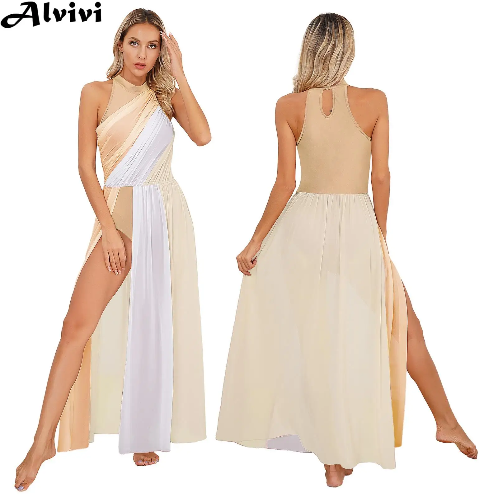 Mulheres Moderno Sem Mangas Collant Vestido Maxi, Vestido de Dança Lírica, Vestidos de Balé, Patinação, Performance de Palco