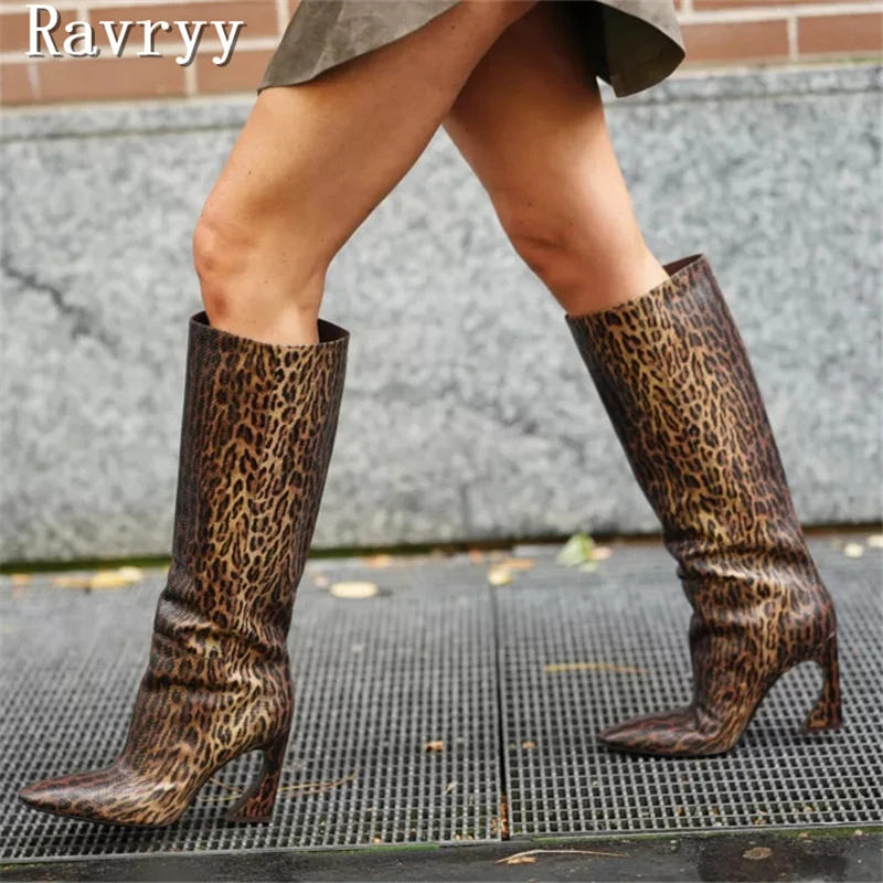 

New Fashion Leopard Print Strange Heel Women Boots Brand Design Pointed Toe Knee High Boots Spicy Girls Party Shoes