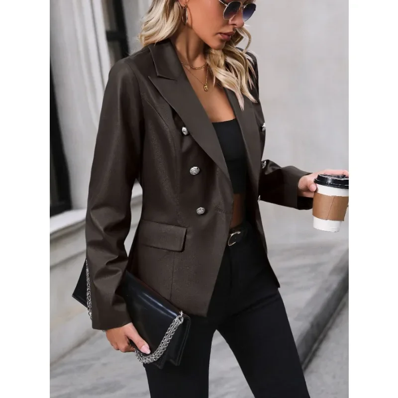 

Autumn Women Clothing Double-breasted Blazer Leather Jacket Chic Streetwear PU Leather Motorcycle Jacket Slim Coats Long Sleeve