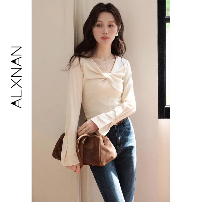 ALXNAN 플러스 사이즈 트위스트 브이넥 풀오버 2025 가을 플레어 커프스 긴팔 스웨터 캐주얼 여성 부드러운 패션 니트웨어 D12535-2