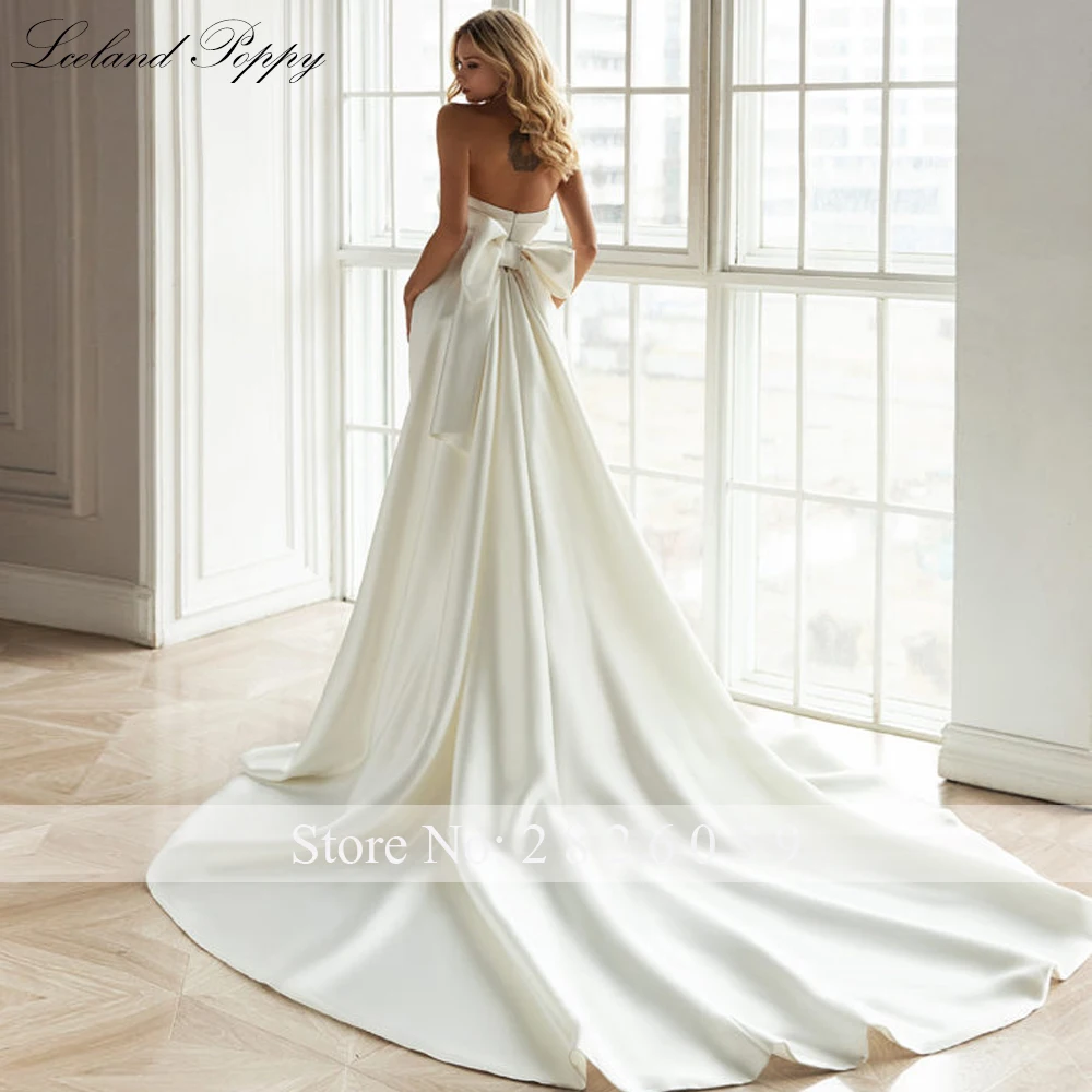 Lceland Poppy Customized Strapless Mermaid Satin Wedding Dresses Floor Length Sleeveless Bridal Gowns with Detachable Train