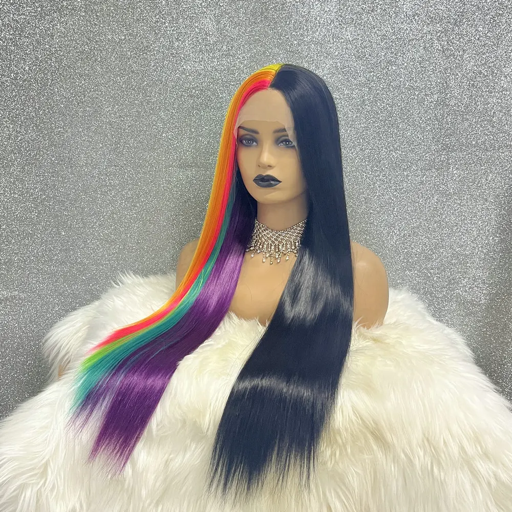 Half Black Half Rainbow Color 28 Inch Glueless 13x3.5 Synthetic Lace Front Preplucked Drag Queen Cosplay Wigs With Baby Hair