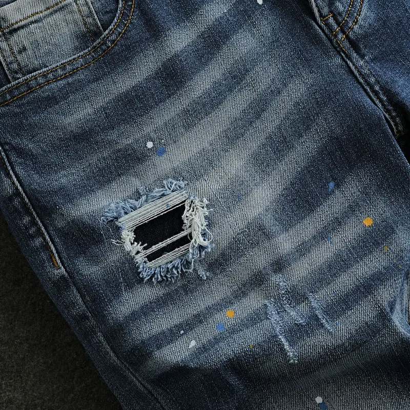 

Y2K new denim jeans with pleats, holes, elasticity, y2kslim fit, nostalgic retro washed men's blue jeans, hip-hop high-qual