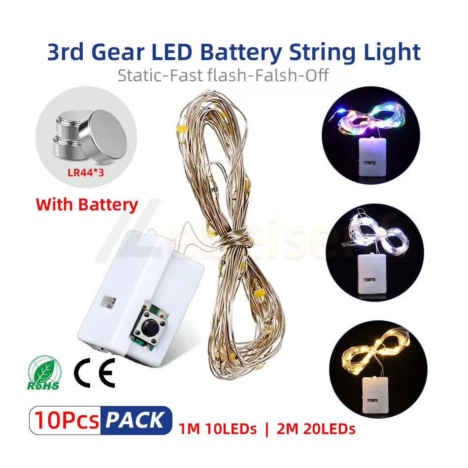 10Pcs LED Copper Wire Fairy Lights 1M/2M Battery Operated 3 Modes Waterproof Warm White Yellow 4 Colors for Wedding Party Decor