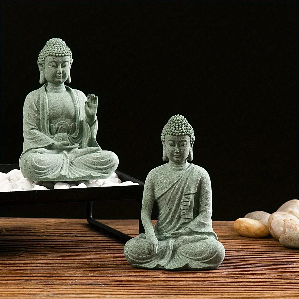 Zen Buddha Statue Ornaments Fish Tank Rockery Bonsai Flowing Water Figure Micro Landscape Decoration Green Sandstone Small Craft