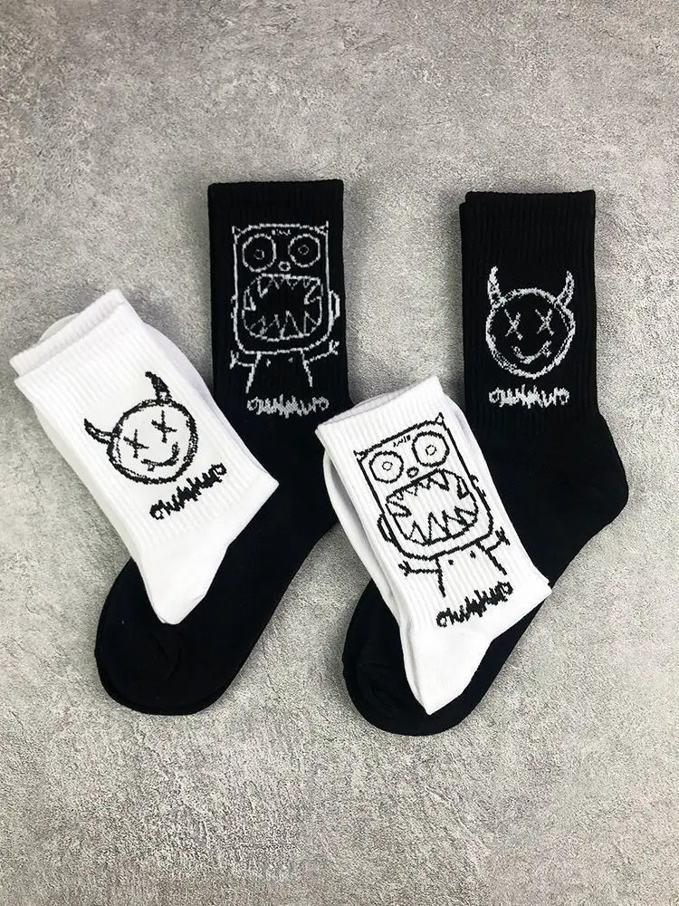 Men Women Socks Cotton Simplicity Anime Devil Grimace Harajuku White Black  Graffiti Fashion Long Funny Hip Hop Sox