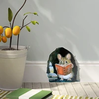 1PC 3D Effect Mouse Hole Sticker Read Flowering Branch Mouse Cute Animal Home Decor Residue Free Adhesive Wallpaper