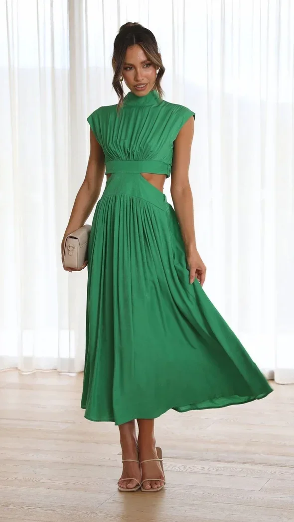 Women Elegant Maxi Dresses  Summer Fashion Casual Solid Sleeveless Backless Dress Female Sexy Hollow Out Pleated Long Dress