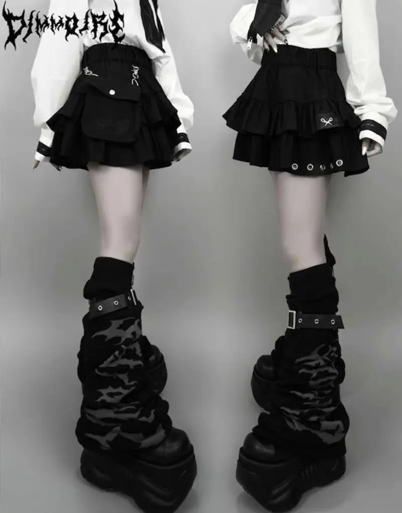 Dimmoire Harajuku Style Academy Wind  Skirt Elastic Waist Subculture Y2K Cake Skirt Polyester Fiber Splice Bordered