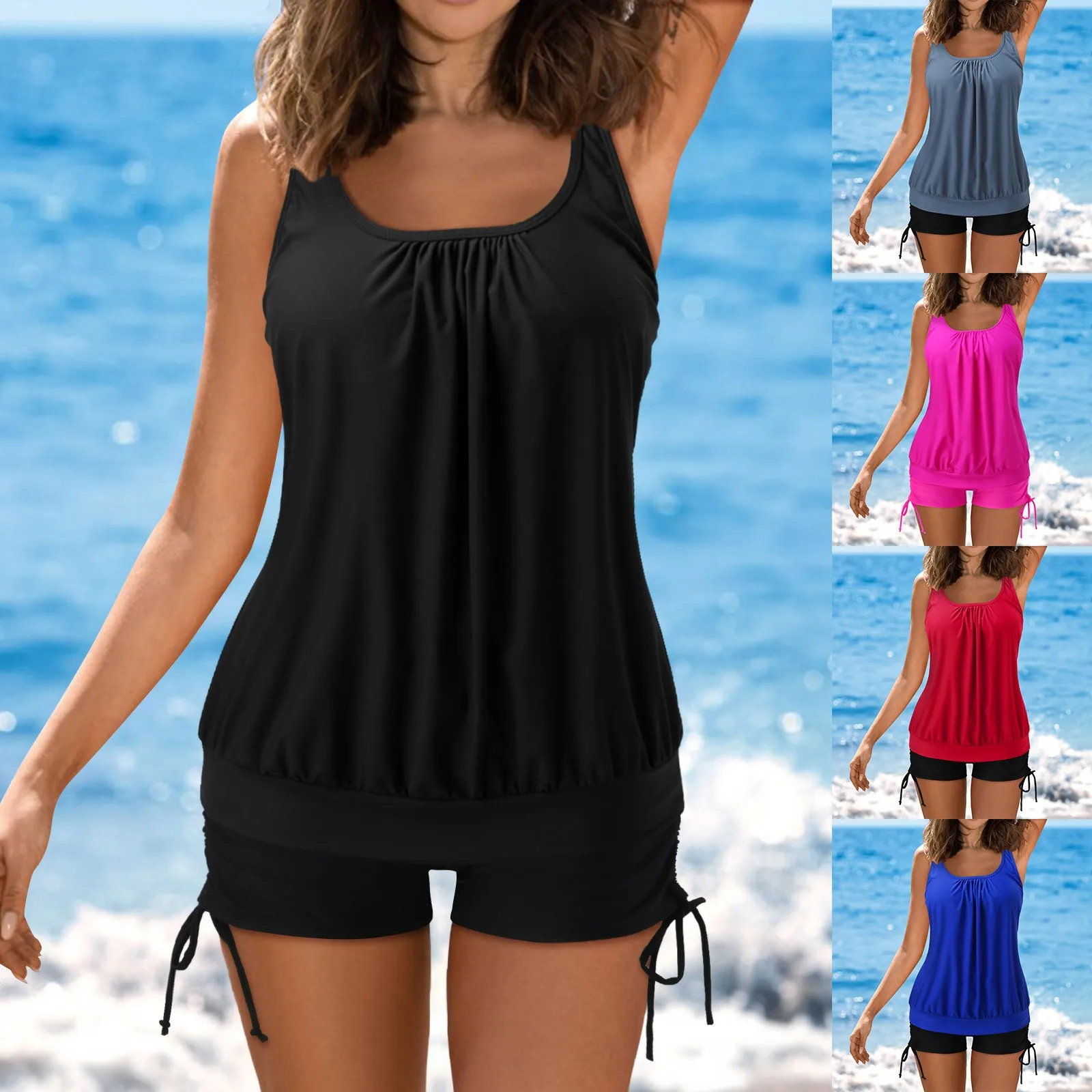 Conjunto de Tankini de Color liso para Mujer, traje de baño de dos piezas, con realce, holgado, para playa y verano