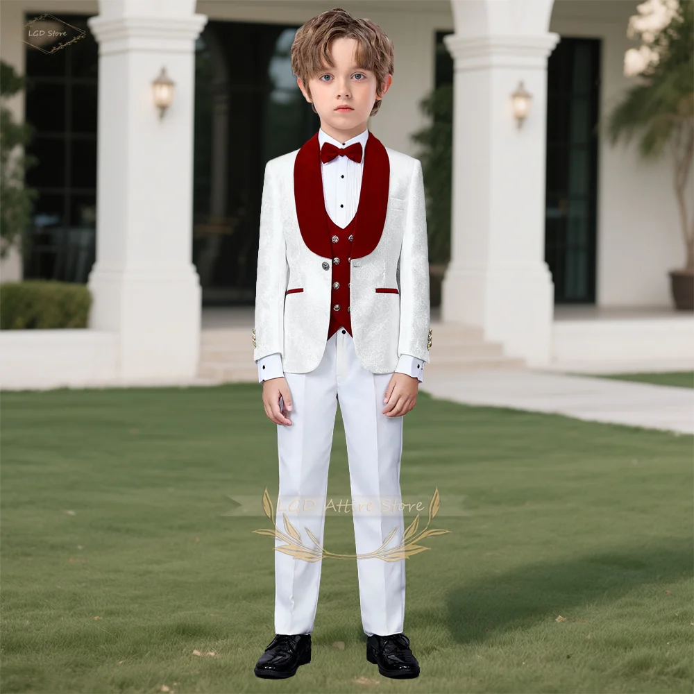 

Boys 3 Piece Exquisite Jacquard Suit Velvet Collar Blazer Vest Pants Gentleman Formal Outfit for Wedding Party Ceremony