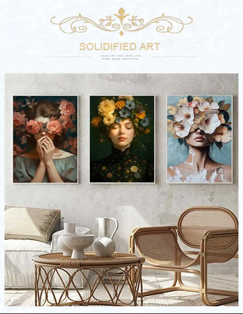 Woman with White Peony Flower Canvas Print Elegant Floral Headpiece Art Poster Modern Oil Painting Style Portrait Home Decor