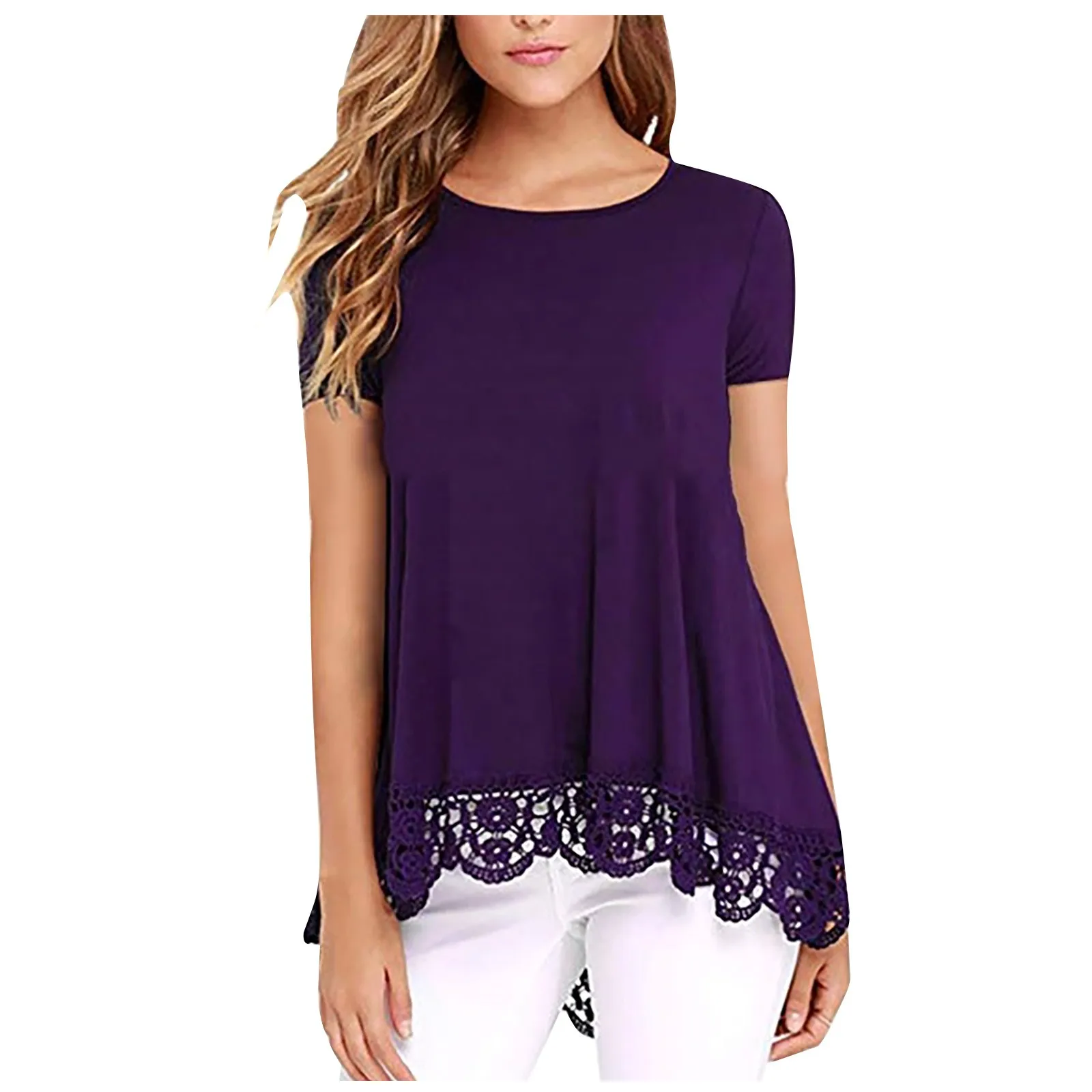 Women Casual O-Neck Printing Short Sleeve Loose Hem Lace Patchwork Tops Tunic Blouse