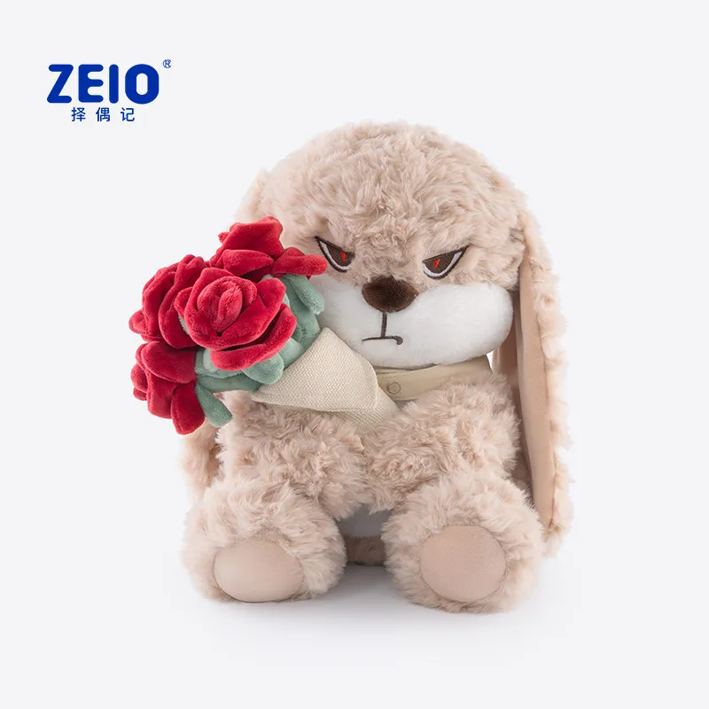 

ZEIO Grumpy Rabbit Plush Toy Cute Soft Fluffy Stuffed Rabbit Doll With Rose Bouquet New Year Holiday Gift For Kids Girls Adults