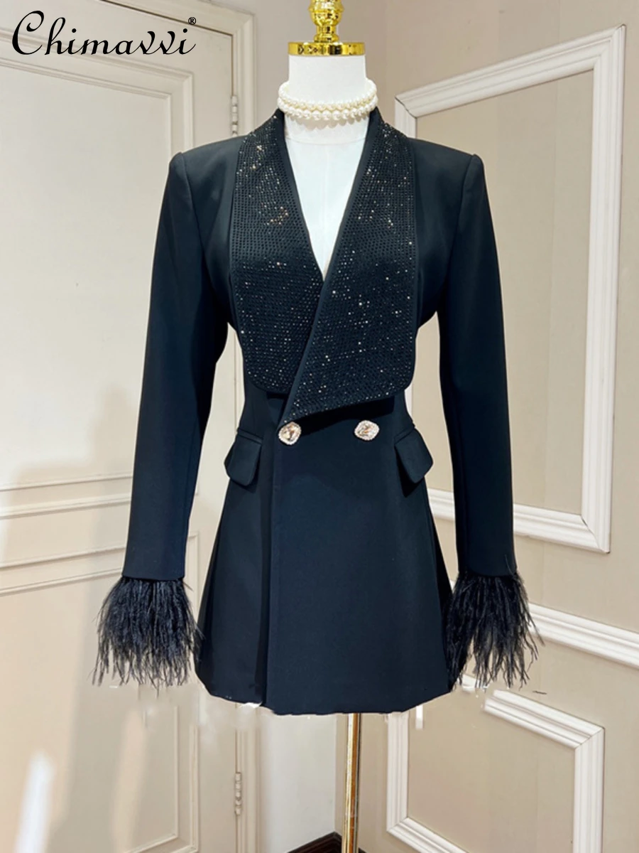 

High-End Heavy Hot Drilling Lapel Feather Cuff Suit 2023 Winter New Fashion Fitted Long Sleeve Elegant Blazers Coat Women's Top