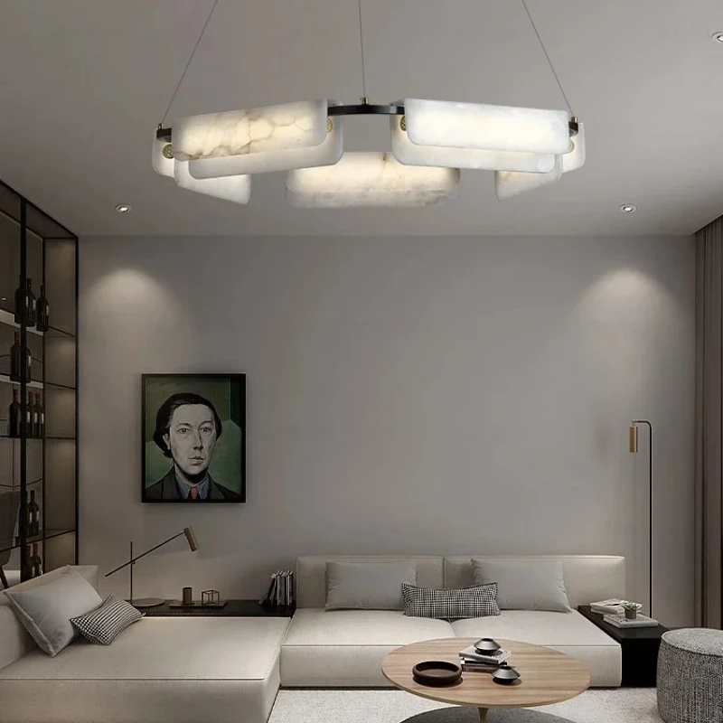 

New Chinese Light Luxury Full Copper Chandeliers With Marble, Minimalist Long Strip Light, Dining Room Lighting, Home Decoration