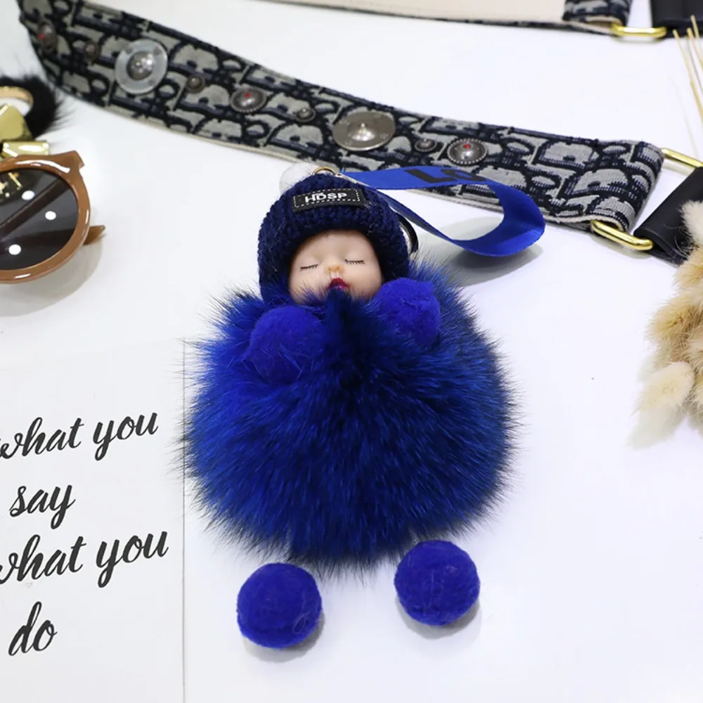 Colorful Pompom Sleeping Baby Keychain Plush Doll Baby Doll Cute Fluffy Plush Doll Key Chain Fluffy Pompom