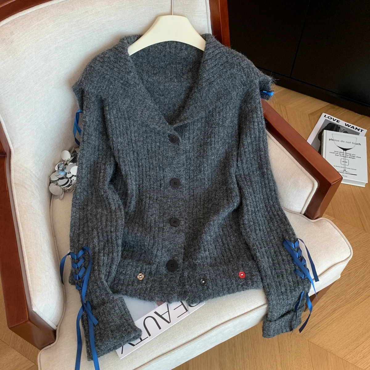 

Женский серый кардиган с матросским воротником, японский свитер, винтажный джемпер Y2k 2000-х годов, трикотаж, свитер с длинными рукавами, весна-осень 2025