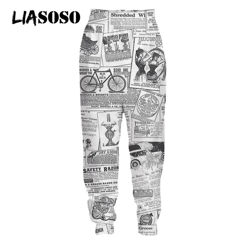 LIASOSO Old Newspaper Men Women Sweatpants Casual Harajuku Style Hip Pop 3D Print Sweat Pants Jogging Sports Men's Clothing