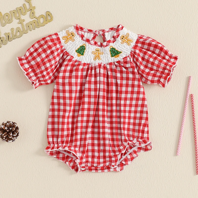 Baby Girl Smocked Christmas Romper Infant Girl Christmas Outfit Vintage Plaid Tropical Christmas Clothes Summer