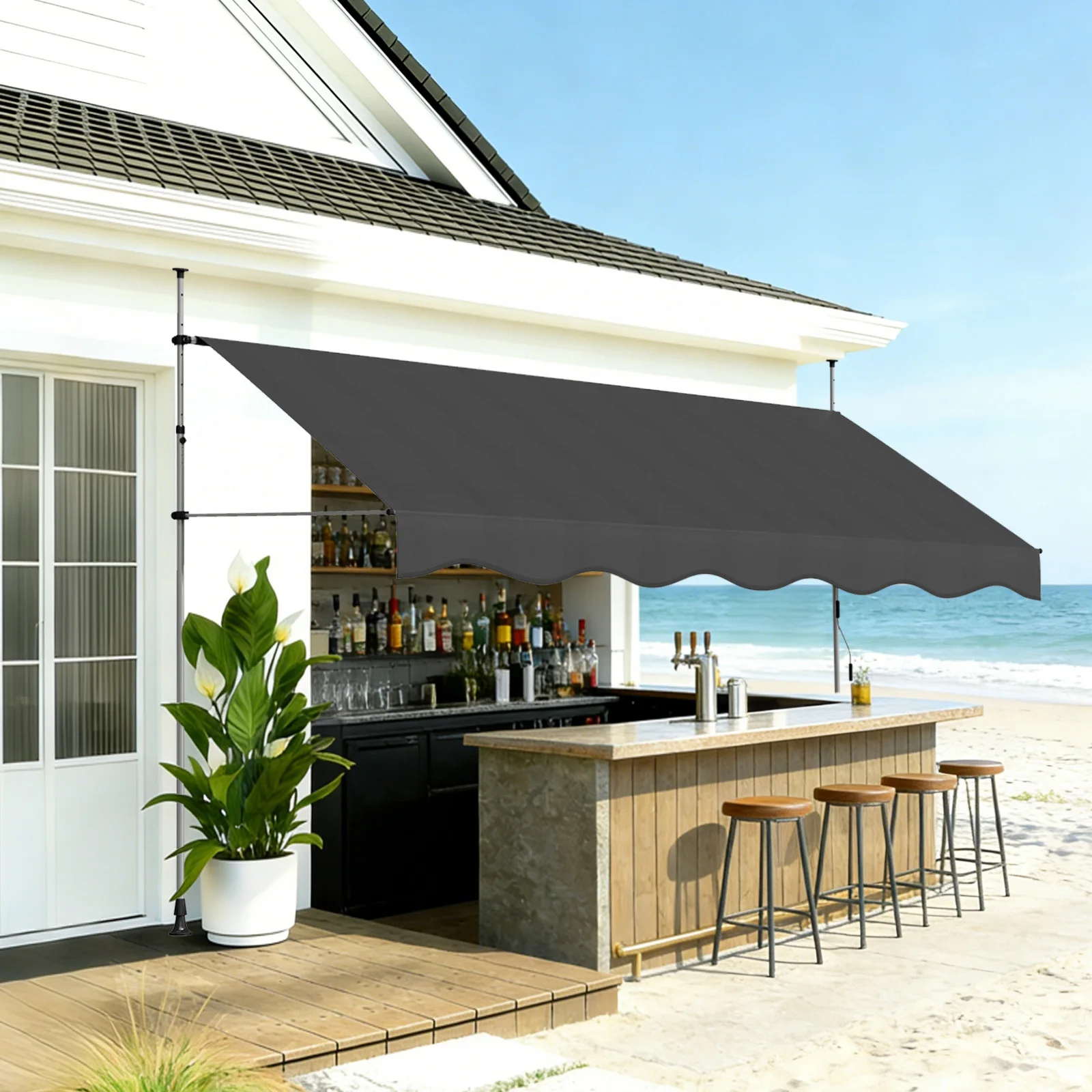 Toldo retráctil manual, con protección UV, con manivela, sin necesidad de perforación, diseño telescópico, altura e inclinación ajustables.